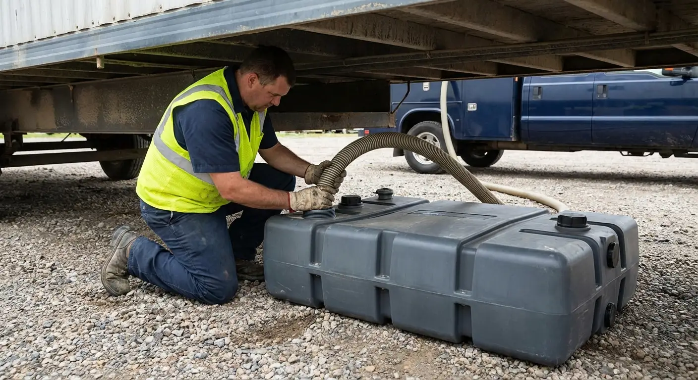 Triad Portable Restrooms vacuum truck servicing a waste holding tank at a construction site in Greensboro, NC